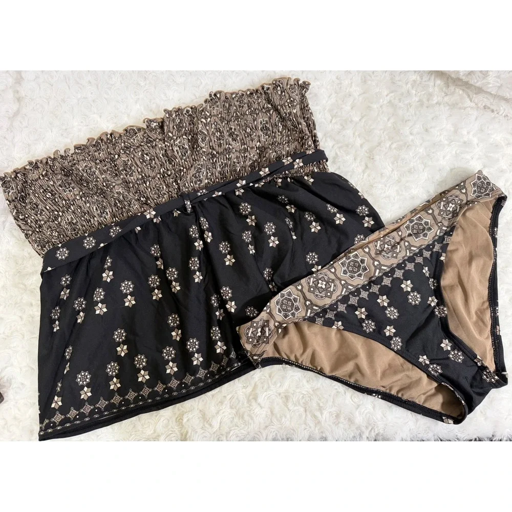 Juicy Couture Beach Royalty Smocked Bandeau Black Tan Large Tankini Bikini Set